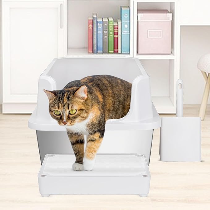 RIZZARI Large Stainless Steel Cat Litter Box: Open Top Leak-Proof Large Cat Pan - Odor Control for Indoor Multi-Cat Homes (White, 23.8" L*16" W*12" H)