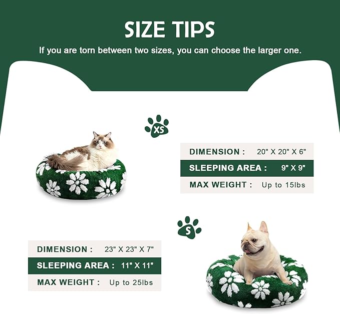 Donut Dog Beds for Small Dogs, Calming Round Cat Beds for Indoor Cats, Cute 3D Textured Flower Pet Bed with Removable Washable Cover and Anti-Slip Bottom（Green，23"）