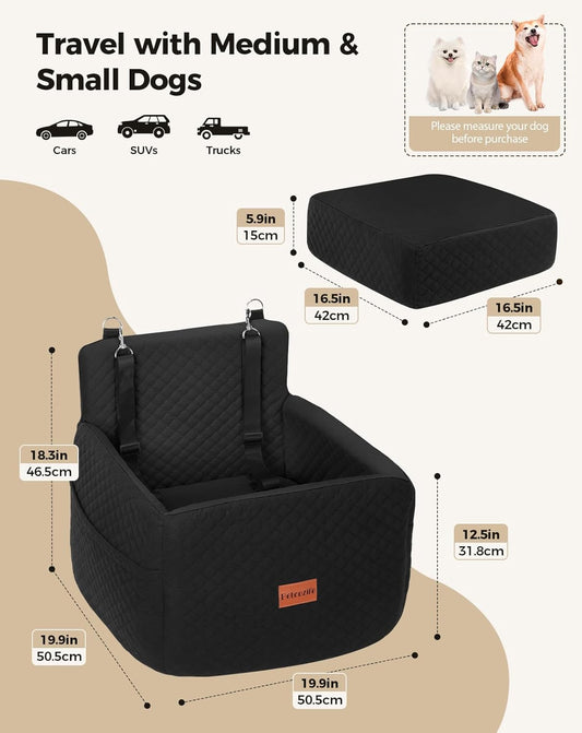 Dog Car Seat for Small & Medium Dogs Under 35lbs, Detachable & Washable Pet Car Seat, Interior Height 6 Inches Pet Travel Bed with Storage Pockets and 2 Dog Safety Belts (Black)