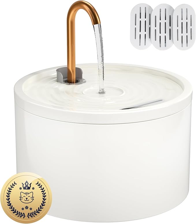 Ceramic Cat Water Fountain - 2.1L/71oz - All-Ceramic Body & Pure Copper Water Spout - Automatic Pet Drinking Fountain for Cats Indoor with Ultra-Quiet Pump, and 3Pcs Filter & Sponge (White)