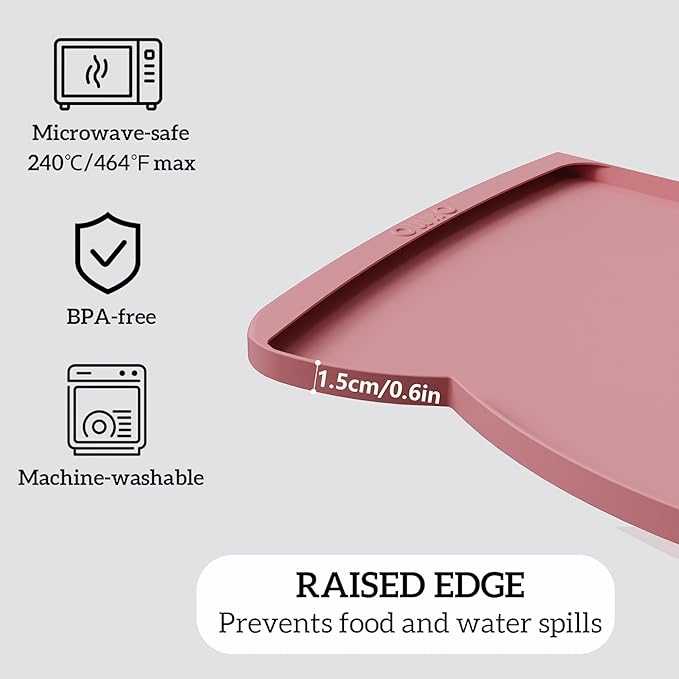 OHMO Dog Food Mat(Pink, 24 * 15'') w/Residue Collection Pocket Silicone Pet Feeding Mat for Floor High Edges Anti Spills Waterproof Cat Water Bowl Tray, Easy Clean Placemat