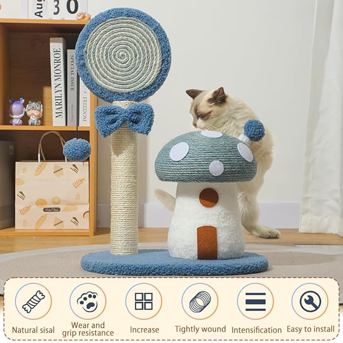 Mushroom Lollipop Cat Scratcher Furniture Mushroom Cat Tree Condo Cat Climbing Frame Sisal Rope Cat Tower for Indoor Cats (Blue)