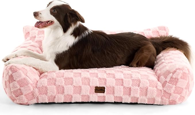 Made4Pets Dog Couch Bed, Soft Faux Fur Checkered Pet Sofa, Comfortable Fluffy Dog Sofa with Supportive Foam, Removable Washable Cover with Non-Slip Base, Pink, Large