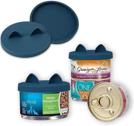 OHMO - 2 Pack Cat Food Can Lids, Small (3 oz) Silicone Can Covers for Pet Food Cans 2.5 oz Cat Food Cans, Dark Blue