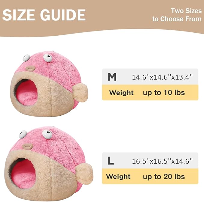 Cat Beds for Indoor Cats - Cat Bed Cave with Removable Washable Cushioned Pillow, Soft Plush Premium Cotton No Deformation Pet Bed, Lively Pufferfish Cat House Design, Pink, Multiple Sizes(M)