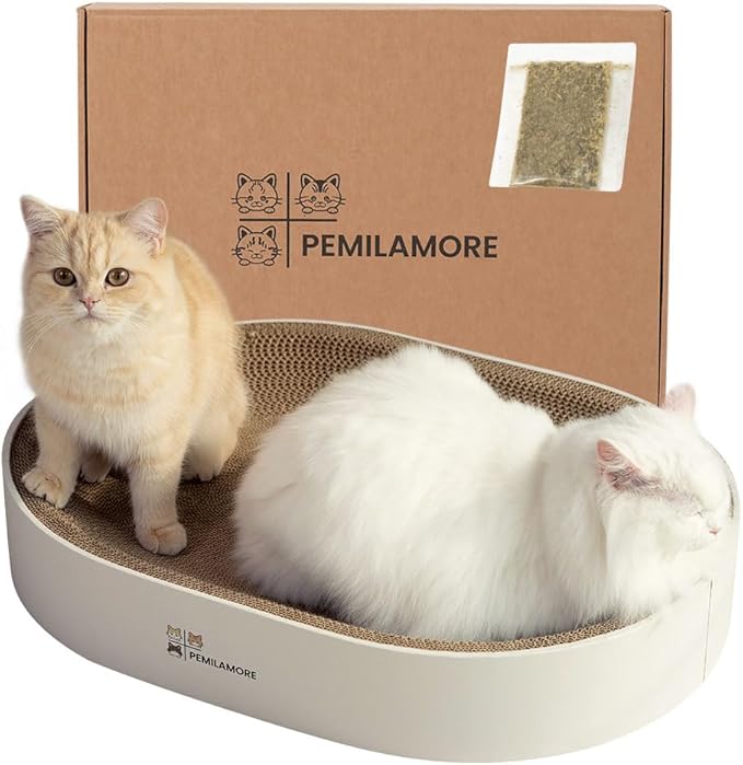 Cat Scratcher Cardboard Bed for Indoor Cats – Large (24.4x17.7x3.9in), Lounger, Round, Reversible, Durable, Protects Furniture, Cat Bowl & Scratching Pad, Safe with Cornstarch Glue