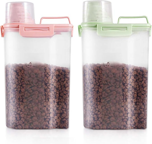 SenseYo 2 Pack 2.5lb Pet Food Storage Container with Measuring Cup, 3L Cat Food Storage Container Dog Food Storage BPA Free for Small Dog, Cat, Bird (Pink, Green)