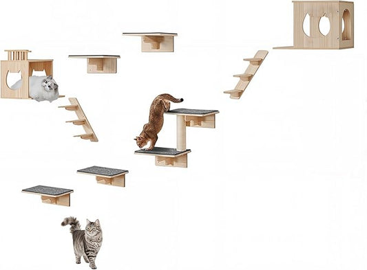 VEVOR Wall Mounted Cat Shelves, Perches with Jumping Boards,Hammocks & Cat Tree, Cat Furniture and Shelves up to 40 lbs for Sleeping, Playing, Climbing, Set of 9