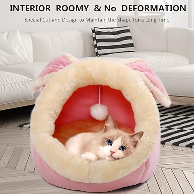 Lcybem Cat Beds for Indoor Cats - Rabbit-Shaped Cat Cave Bed with Hanging Toy,Super Soft Calming cat Tent for Kitten&Puppy,Small Dog,Warm Plush&Machine Washable&Removable Cotton Pad (Pink L)
