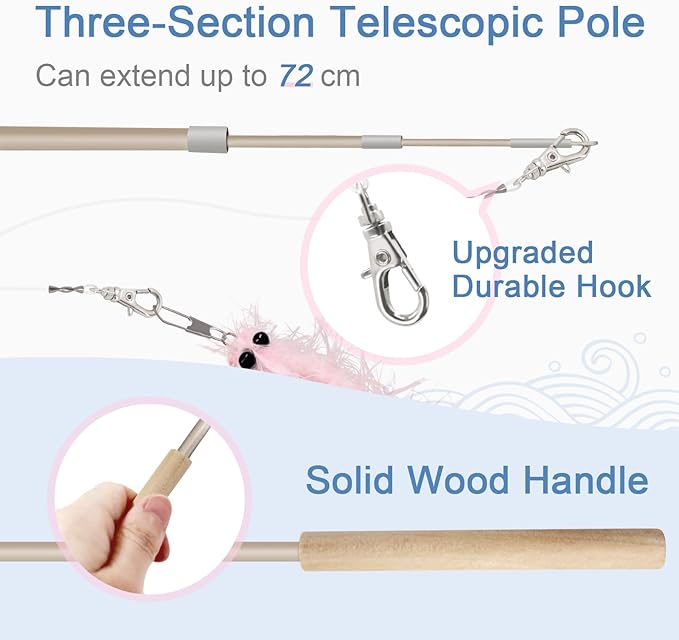 SONGWAY Worm Cat Toy Wand - 6 PCS Cat Worm Toys with Retractable Wand, Interactive Feather Tail Toys for Indoor Cats Kittens