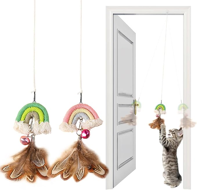 YUDANSI Cat Feather Toys 2pack,Retractable Cat Teaser Toys, Self-Adhesive Hanging Interactive Cat Toy for Indoor Cats Kitten Play Chase Exercise Doorway, Gift for Cats Hunting Chasing to Keep Busy