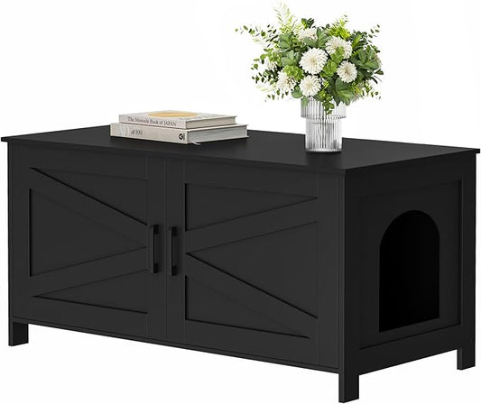 Homhedy 39.4" L Cat Litter Box Enclosure, Pet House with Barn Door, Wooden Cat Washroom Furniture,Fit Most of Litter Box, Black