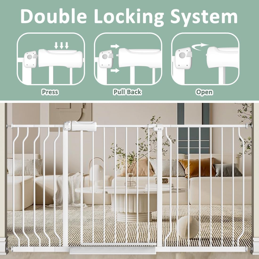 57.5"-62" Extra Wide Auto Closing Baby Safety Gate for Stairs & Doorways, Pressure Mounted No Drill Pet Gate with Walk-Through Door - Heavy Duty Childproof Gate for Toddlers, Kids, Dogs (White)