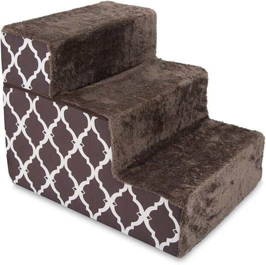 Best Pet Supplies Dog Stairs & Steps - Foam Steps for Small Dogs & Cats, Non-Slip Indoor Balanced Pet Step Support, Dog Ramp, No Assembly, Brown Lattice Print, Foldable 3-Step (16.5-inch Height)