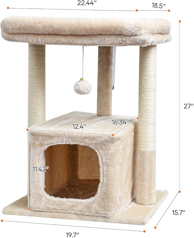 SYANDLVY 27" Cat Tree for Indoor Cats, Activity Tower with Scratching Posts, Modern Kitten Condo with Plush Perch & Hanging Ball for Play, Beige