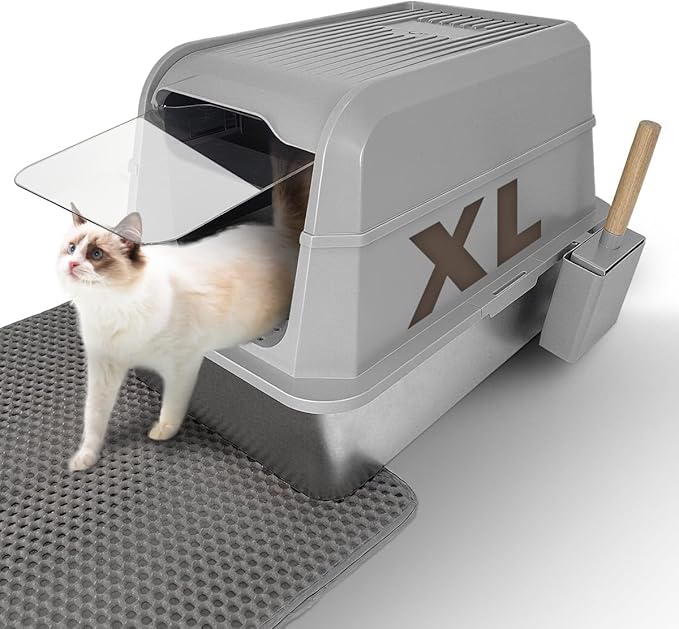 Stainless Steel Litter Box with Lid - Extra Large Cat Litter Boxes for Big Cats with Mat & Scoop - Anti-Leakage, Odor-Proof, High-Sided, Non-Stick＆ Easy to Clean - Ideal for Multi-Cat Homes - Gray
