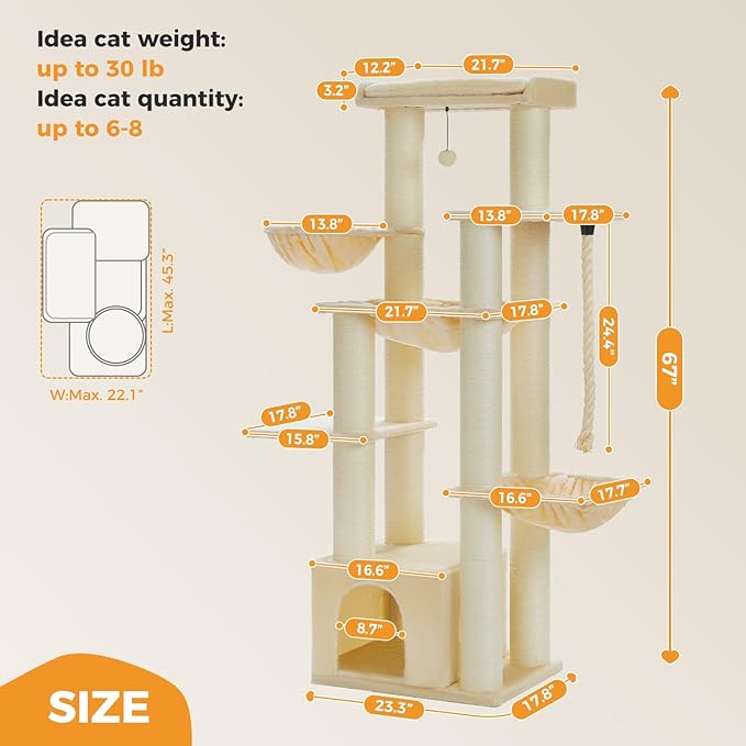 Large Cat Tree-67in Tall Cat Tower for Indoor Cats Large Adult with 13 Thick Sisal Scratching Posts (φ4.3in), Multi- Level Cat Condo, Super Big Perch & Hammocks for Maine Coon 20 lbs -Beige