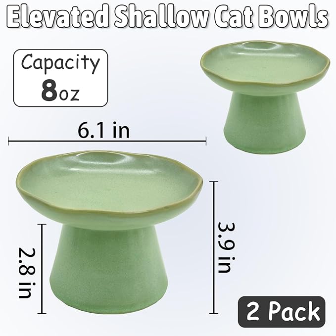 VCEPJH Elevated Shallow Cat Bowls 6.1in Ceramic Cat Food Plate Pack of 2 Raised Cats Dish Flat Anti Whisker Fatigue Wide Pet Food & Water Feeder for Indoor Kitty Kitten (Green)