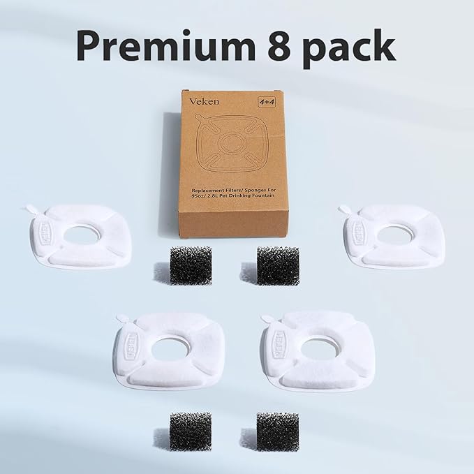 Veken Cat Water Fountain Filter, Classic 4 Pack Replacement Filters & 4 Pack Replacement Pre-Filter Sponges for 50oz, 84oz, 95oz Automatic Pet Fountain Dog Water Dispenser