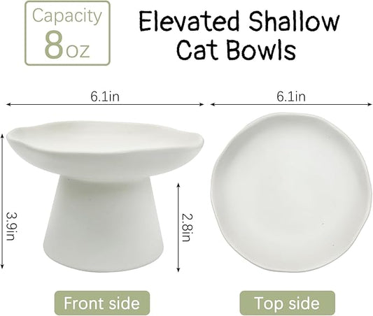 VCEPJH Raised Cat Food Bowls Shallow Cat Plate Ceramic Elevated Cats Dish 6.1in Flat Anti Whisker Fatigue Wide Pet Food & Water Feeder for Indoor Kitty Kitten (White)