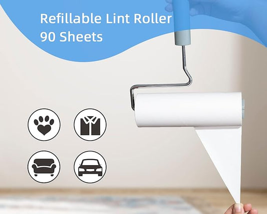 Extra Sticky Large Surface Lint Roller, 6.3'' Giant Lint Roller for Pet Hair, Lint Remover Roller for Cat Hair, Clothes, Furniture (1 Handle + 90 Sheets)