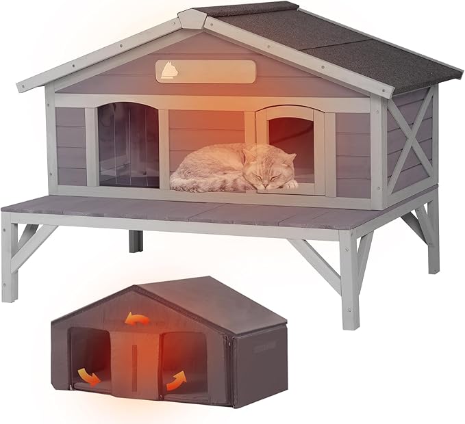Outdoor Cat House with Insulated Liner and Elevated Design, Weatherproof Feral Cat Shelter with Escape Doors for Winter, Wooden Kitten Home Indoor