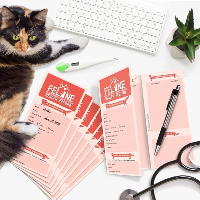 ANZON MORIES 24 Packs Cat Health Record Cards Vaccination Book with Storage Pocket, Large 8 x 10.5 in Feline Vaccine Shot and Kitten Immunization Memo Booklet for Kitty Pet Nursing Supplies