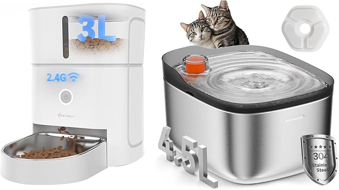 3L Automatic Cat Feeder +Wireless Cat Water Fountain Stainless Steel 4.5L Set, 5G & 2.4G Wi-Fi Pet Food Dispenser Pet Feeder, Pet Dry Food, 1-10 Meals Per Day