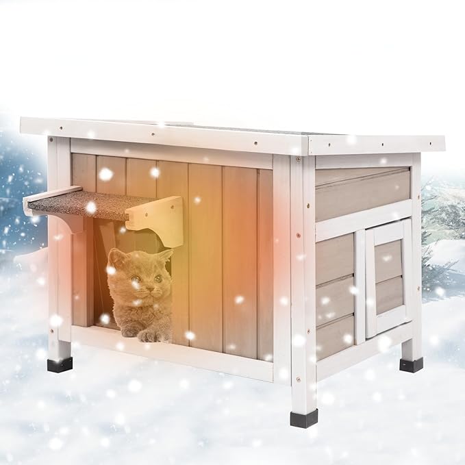 Outdoor Cat House Insulated, Winter Insulated and Thermostatic Outdoor Feral Cat House Weatherproof Solid Wood, Easy Assembly Cat Shelter with Open Roof,22.44x18.43x17.52 in