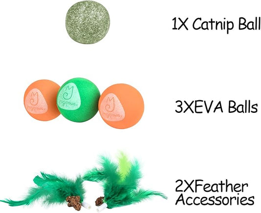 Migipaws Paw Palace Replacements,3 EVA Balls,1 Catnip Ball,2 Coconut Tree Teaser Pole Feather Accessories,Cat Ball Toys