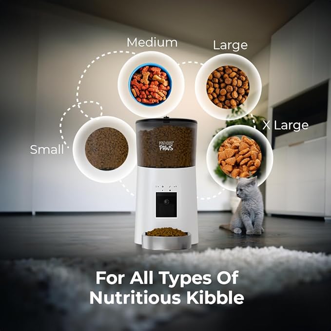 Smart HD Cat Feeder, 2 Way Audio + Voice Recording, Automatic Feeder for Dog with 1080p Night Vision Camera, WiFi App Controlled, Battery Backup, Anti Jam 6L Upto 15 Daily Meals, White Stainless