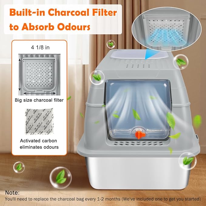 SZEE XL Stainless Steel Litter Box, Top Exit Design, Non Stick, No Smell, Easy Cleaning, Activated Charcoal Odor Control Design, Half/Fully Enclosed Design, Footboard, Trapping Mat & Scoop Included