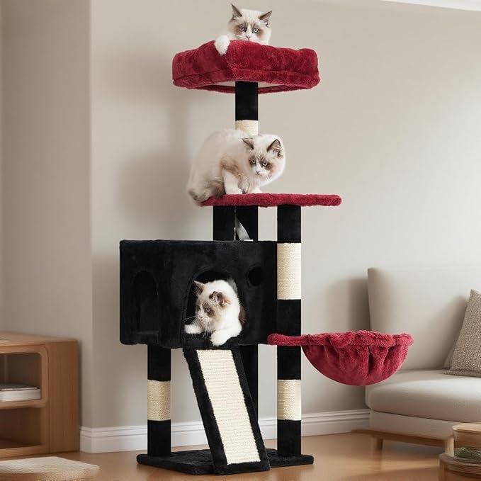 Cat Tree, 41.3" Cat Tower for Indoor Kittens with Scratching Board and Posts, Multi-Level Cozy Cat Condo with 2 Perches, Hammock, Balls, Black and Red GCT005SBR