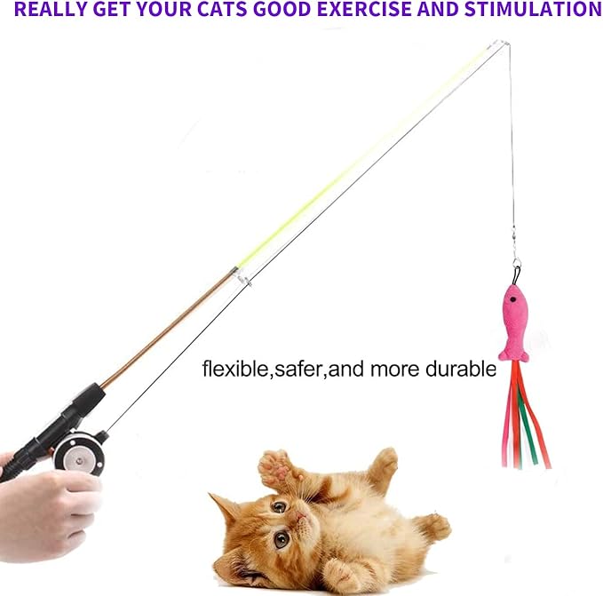 Retractable Cat Teaser Wand Toy, Cat Toys for Indoor Outdoor Cats Interactive Fishing Rod with 8 Pcs Refills Feather Toy, Plush Mouse Caterpillar & Fish
