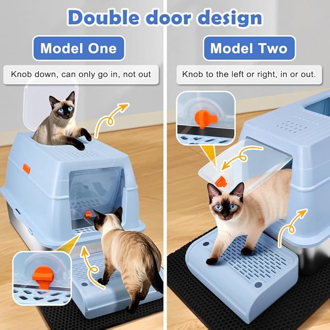 Vivifying Stainless Steel Litter Box with Lid, XL Front Entry Enclosed Extra Large Litter Box for Big Cats & Kitty, Top Exit Metal Cat Pan with Scoop, Mat, Step, Charcoal Filter (Blue)