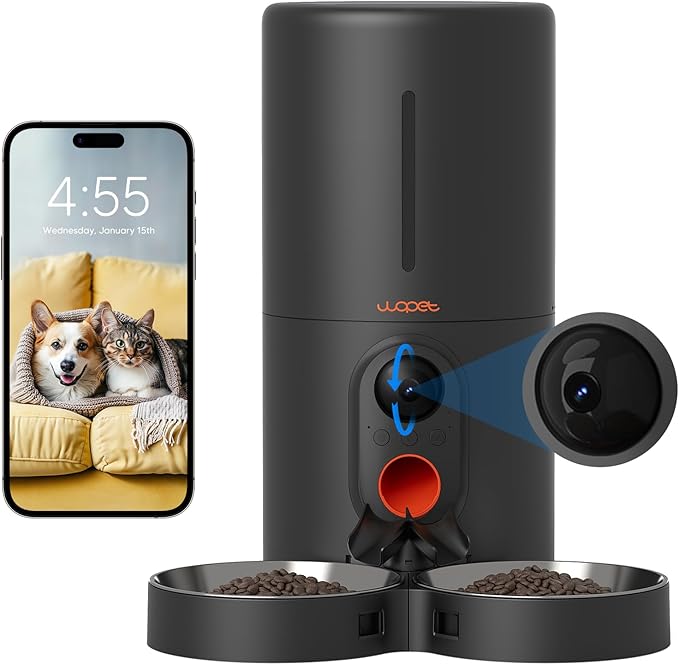 WOPET Automatic Cat Feeder with Camera for Two Cats, 6L Automatic Dog Feeder with HD Video and Night Vision, 5G/2.4G WiFi Pet Feeder for Cats & Dogs, SD Card Storage & 2-Way Audio