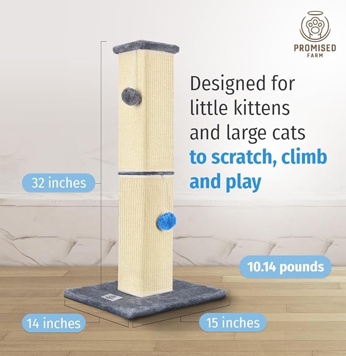 Tall Cat Scratching Post 32 Inches - Protects Furniture - Durable and Sturdy Design - Aesthetic Cat Accessories Essentials Grey/Blue