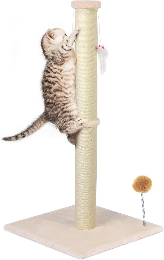 36 Inch Tall Cat Scratching Post – Sisal Cat Scratcher for Indoor Cats, Large Vertical Scratch Post, Sturdy Cat Scratch Pole Tower, Modern Cat Furniture for Kittens & Adults (Beige)