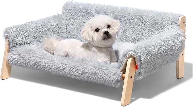 MEWOOFUN Cat Couch Bed, Pet Sofa for Indoor Cats Wooden Indoor Elevated Cat Beds with Removable Mattress Cover Suitable for Kitty, Puppy or Small Animal (Grey, Large)