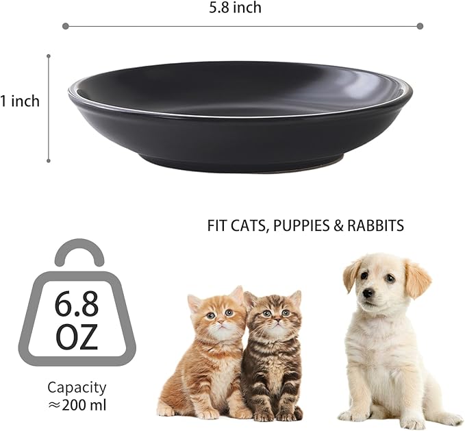 Ceramic Cat Food Bowl Set - 4 Pack Healthy Wide Shallow Cat Dishes Cat Plates for Food and Water, Anti Whisker Fatigue Cat Feeding Bowls for Pet Puppy Kittens, Dishwasher Microwave Safe, 5.8 In, Black