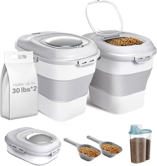 ANVS 2 Pack Dog Food Storage Container - Collapsible Dog Food Container with Airtight Lids, Scoop and 2.5L Small Pet Food Storage Container Dry Food For Dog, Cat and Other Pet Food (Grey, 30lbs)