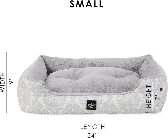 Nicole Miller New York PET Mod Damask Plushy Bolster Pet Bed, Cozy & Calming, Non-Slip Bottom, Machine Washable Cover, Grey, Small 24"x19"x7"