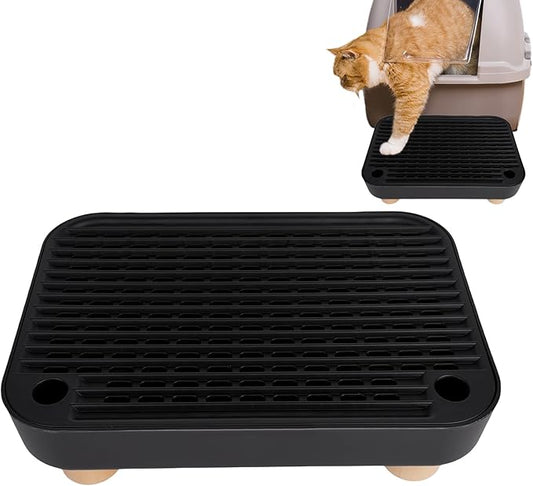 Cat Ramp Litter Box Step, Small Senior Cat Litter Box Mats Ramp for Floor with Wooden Base, Low Entry Cute Cats Food Mat Stairs Prevent Tracking, Silicone Small Litter Boxes Shield Catcher Mat Black