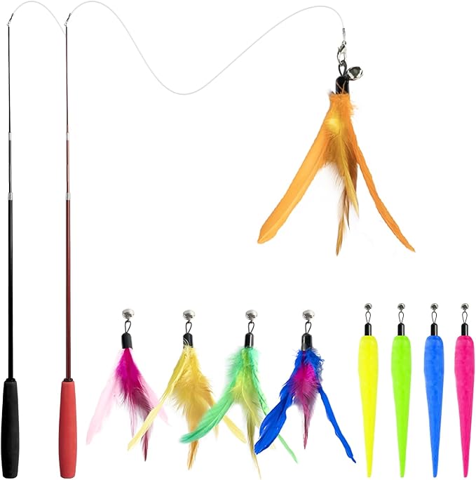 12-Pack Cat Wand Toys with Silvervine Sticks & Feather Refills – Interactive Adjustable Fishing Pole Toy for Indoor Cats, Bell & Elastic String – Durable Kitten Toys