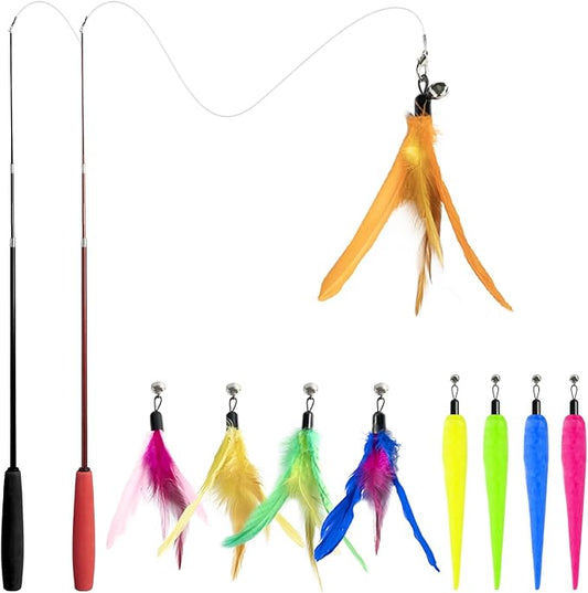 12-Pack Cat Wand Toys with Silvervine Sticks & Feather Refills – Interactive Adjustable Fishing Pole Toy for Indoor Cats, Bell & Elastic String – Durable Kitten Toys