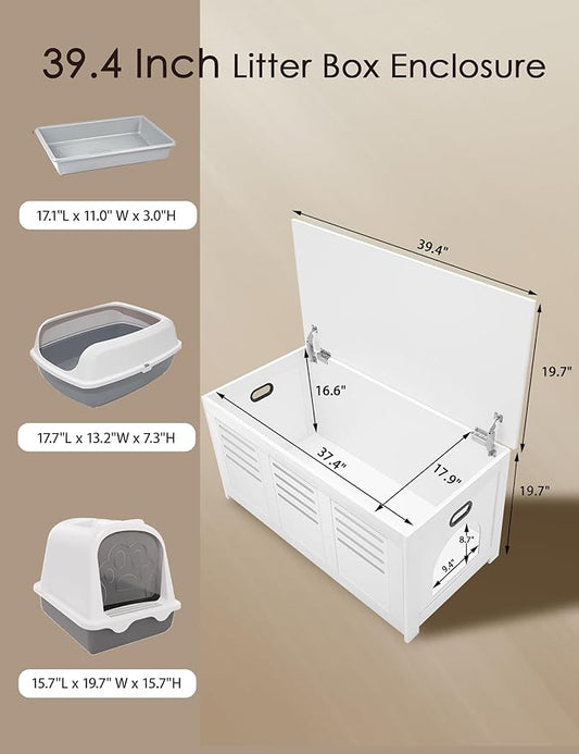 DINZI LVJ Litter Box Enclosure, Flip Top Litter Box Furniture, Hidden Cat Washroom, Wooden Cat House, End Table, 39.4" L x 19.7" W x 19.7" H, Good Ventilation, Easy to Assemble, White