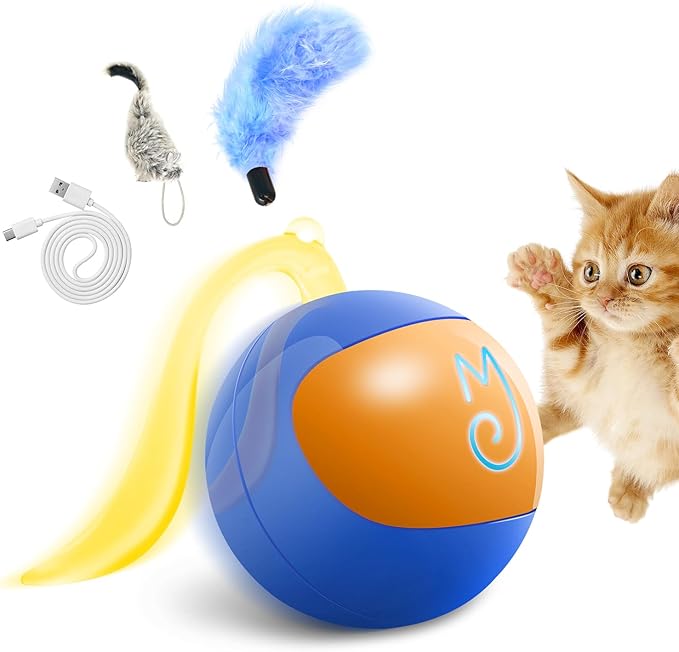Migipaws Interactive Cat Ball Toy Set, Fun Tracker, Automatic Rolling Chase Ball with Fluffy Tail, A Small Mice, Rechargeable (Blue)