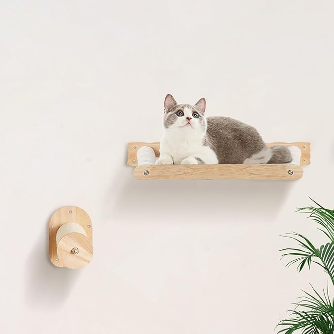 VEVOR Wall Mounted Cat Shelves, Perches with Jumping Posts & Hammocks, Cat Furniture Set up to 40 lbs, Removable & Washable Coral Fleece for Sleeping, Playing, Climbing, Set of 4