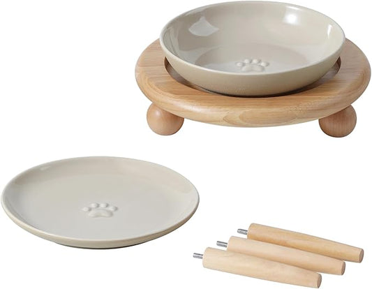 Raised Ceramic Wide Whisker Friendly Cat Dishes, Food&Water Bowl with 2 Style Stand Adjustable Pet Bowl Set(1Dish+1Shallow Dish+Stand
