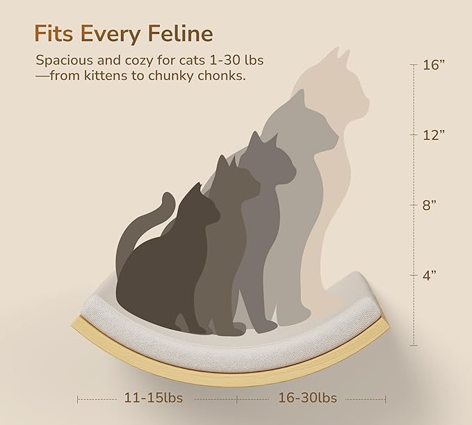 Cat Wall Stairs and Wall Shelves, 4 Piece Wood Cats Furniture Set, Padded Curved Bed with Foam, Flat Shelf & Climbing 4 Steps Stairs for Large Indoor Cats